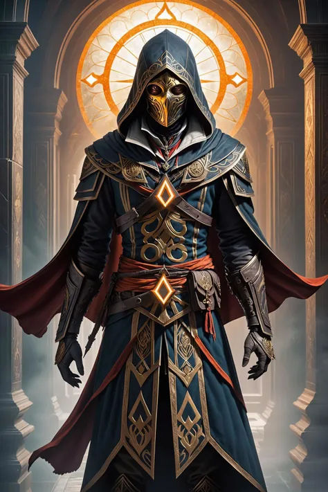 point and click game style the image portrays a striking character, resembling a character from the video game "assassin's creed". the individual is adorned in a cloak of obsidian, with intricate, glowing markings that shimmer in hues of gold and orange. the mask, embellished with a large, luminous symbol at its center, enhances the mystical aura surrounding this persona. the backdrop is dark and ominous, reminiscent of the stormy skies and enigmatic architecture often seen in the "assassin's creed" series. amidst this eerie setting, the character stands tall and firm, emanating an air of authority and determination. . mouse driven interface, puzzle elements, narrative focus