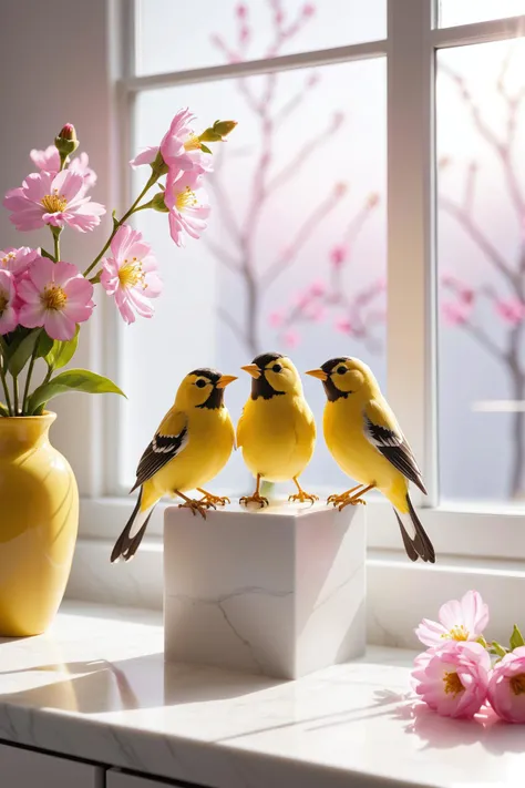 educational game style three yellow and white songbirds are perched on the edge of a white countertop. they are positioned near a vase filled with pink flowers, casting long shadows as the sun shines through the window behind them. . learning focused, informative content, interactive lessons