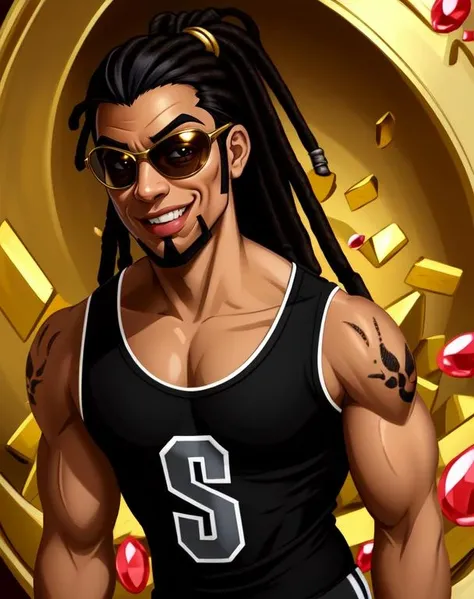 strike, black hair, goatee, dreads, dark shades, muscular, arm bands, black muscle shirt with s, pants, solo, upper body, standing, black eyes,
bank, gold vault, smile, gems,
(insanely detailed, beautiful detailed face, masterpiece, beautiful detailed eyes, best quality)
<lora:strike-10v6:0.7>