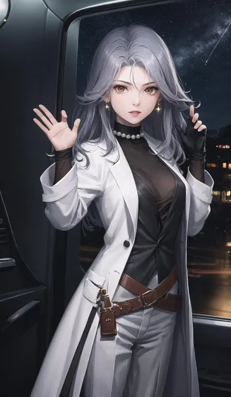 origin, 1girl, solo,waving,gloves, pearl necklace, belt, looking at viewer, pants, labcoat,starry sky, cowboy shot, open clothes <lora:ladygreyV2-pynoise:1>