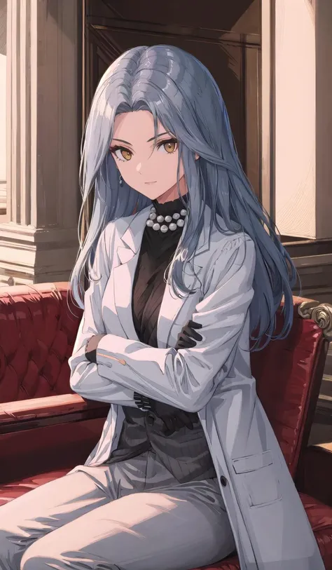 origin, 1girl, solo,arms crossed,sitting,gloves, pearl necklace, looking at viewer, pants, labcoat,greco-roman architecture,  cowboy shot, open clothes <lora:ladygreyV2-pynoise-000014:1> <lora:ligneart(cogecha):1>