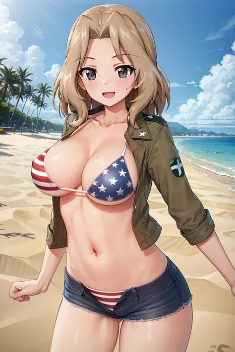 masterpiece, best quality, 1girl, solo, girls und panzer, kay, american flag bikini, brown jacket, denim shorts, beach, sand, water, blue sky <lora:Kay:0.6>