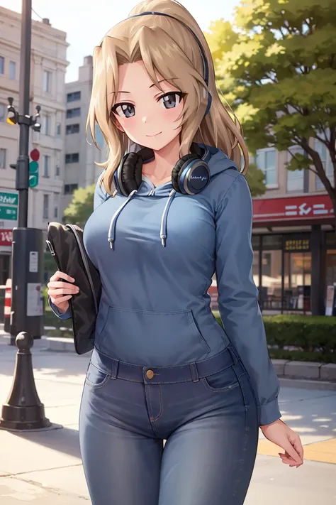masterpiece, best quality, 1girl, solo, girls und panzer, kay,large breasts, ponytail, (blue hoodie, jeans, headphones:1.2), standing, cowboy shot, outdoors <lora:Kay:0.6>