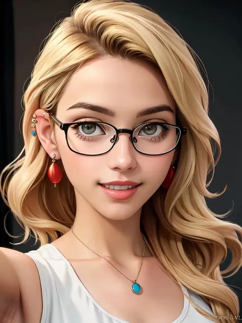 Realistic photo of a beautiful chl03t0y woman,1 1girl, solo, looking at viewer, smile, blonde hair, jewelry, earrings, glasses, teeth, necklace, nail polish, piercing, red nails, realistic, selfie, earphones, soft lighting, professional Photography, Photorealistic, detailed, RAW, analog, sharp focus, 8k, HD, DSLR, high quality, Fujifilm XT3, film grain, award winning, masterpiece<lora:chl03t0y:1.0>