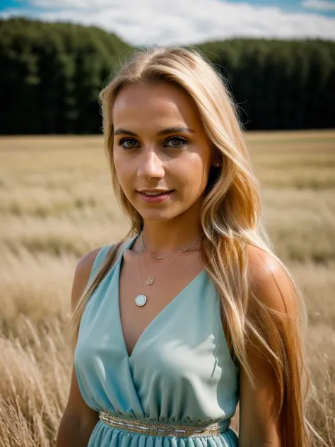 Realistic photo of a beautiful chl03t0y woman,1girl, solo, looking at viewer, smile, (((blonde hair))), dress, jewelry, outdoors, necklace, nail polish, high heels, hand on hip, blue dress, grass, realistic, photo background, soft lighting, professional Photography, Photorealistic, detailed, RAW, analog, sharp focus, 8k, HD, DSLR, high quality, Fujifilm XT3, film grain, award winning, masterpiece<lora:chl03t0y:1.0>