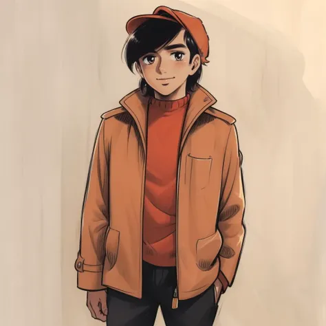 (masterpiece, best quality:1.3), 1boy, solo, looking at viewer, closed mouth, smile, Yabuki Joe, black hair, orange shirt, bangs, brown eyes, hat, orange hat, jacket, popped collar, open clothes, cap, trench coat  cowboy shot, full body, town, <lora:Yabuki Joe:.7>