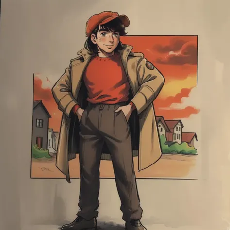 (masterpiece, best quality:1.3), 1boy, solo, looking at viewer, closed mouth, smile, Yabuki Joe, black hair, orange shirt, bangs, brown eyes, hat, orange hat, jacket, popped collar, open clothes, cap, trench coat cowboy shot, full body, town, <lora:Yabuki Joe:.7>