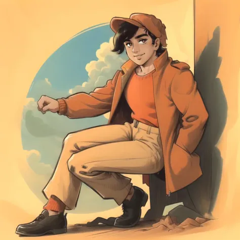 (masterpiece, best quality:1.3), 1boy, solo, looking at viewer, closed mouth, smile, Yabuki Joe, black hair, orange shirt, bangs, brown eyes, hat, orange hat, jacket, popped collar, open clothes, cap, trench coat  cowboy shot, full body, town, <lora:Yabuki Joe:.7>