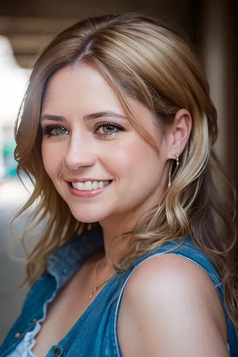 closeup portrait of skswoman, smile , with dirty blonde Choppy layers , cosplaying, background alleyway epic (photo, studio lighting, hard light, sony a7, 50 mm, matte skin, pores, colors, hyperdetailed, hyperrealistic), <lyco:Jenna FischerV2:1.1>