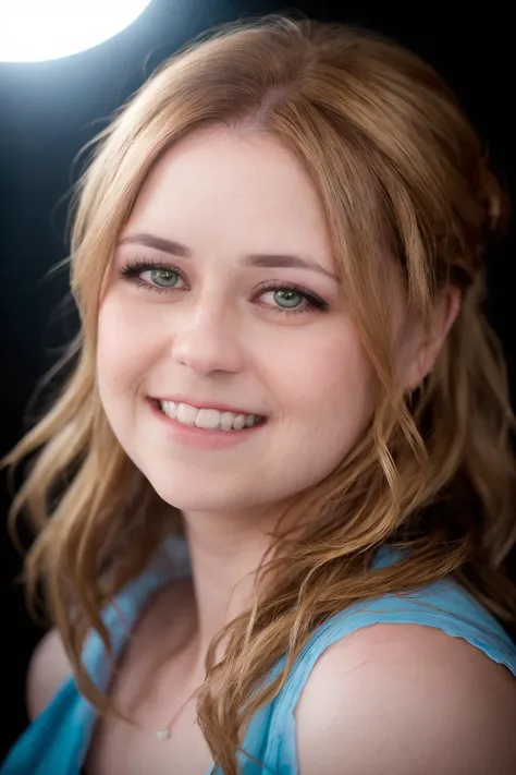 closeup portrait of skswoman, smile , with dirty blonde Choppy layers , cosplaying, background titanic ballroom epic (photo, studio lighting, hard light, sony a7, 50 mm, matte skin, pores, colors, hyperdetailed, hyperrealistic), <lyco:Jenna FischerV2:1.1>