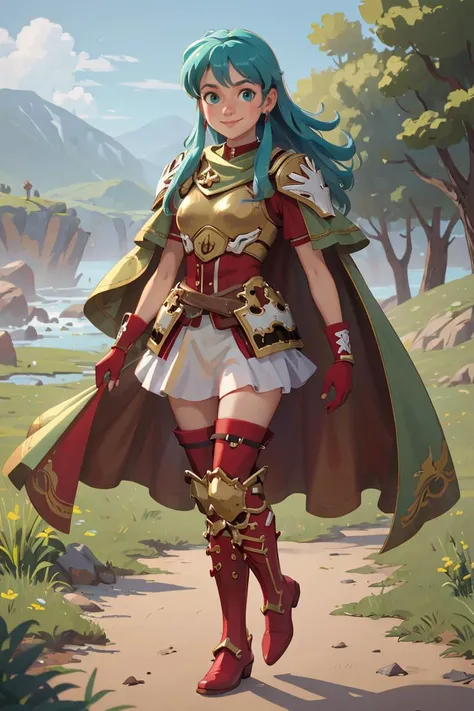 smile,<lora:eirikaV2:0.85>,def_eirika,armor,skirt,thighhighs,gloves,breastplate,green cape,zettai ryouiki,jewelry,boots,fingerless gloves,looking at viewer,earrings,white skirt,red footwear,thigh boots,sidelocks,shoulder armor,short sleeves,red gloves,red thighhighs,miniskirt,outdoors,(masterpiece, best quality, ultra-detailed, best shadow),