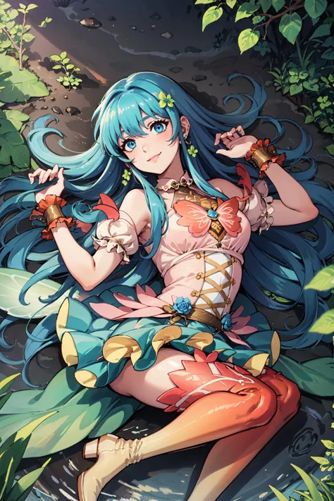 lying,smile,bug,<lora:ResplendentEirikaV1:0.85>,res_eirika,fairy wings, pink shirts,skirt, thighhighs, earrings, thigh boots, zettai ryouiki, boots, wrist cuffs, bare shoulders, sleeveless,dress, layered skirt, gradient legwear, short sleeves,outdoors,forest,lake,(masterpiece, best quality, ultra-detailed, best shadow)