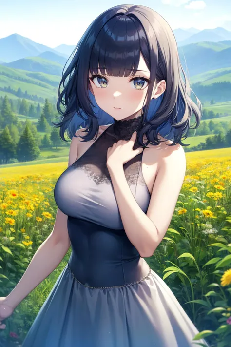 masterpiece, best quality, cute,
medium hair, [blue | blonde] hair, [blue | yellow] eyes, wavy hair, blunt bangs, large breasts, dress, bare shoulders,
depth of field, field, mountain,
<lyco:torinoAquaAingBase-10:0.6>