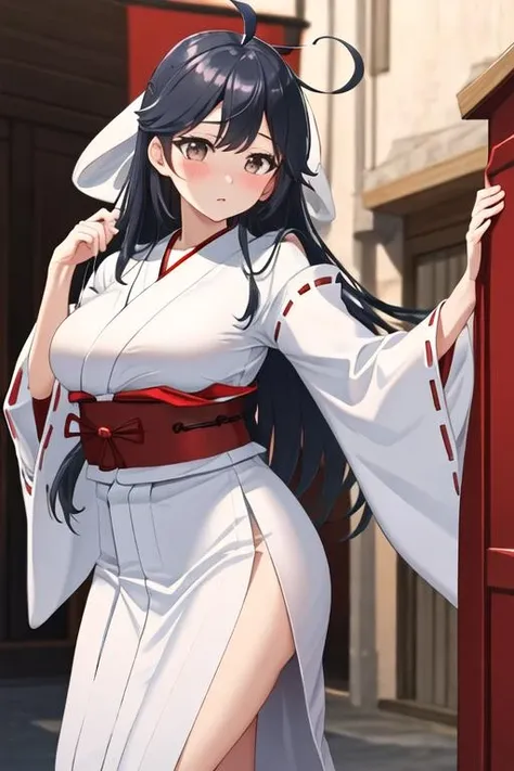 best quality, masterpiece, highres, solo, {white kimono:1.35}, {red hakama:1.35}, {wide sleeves:1.20}, {ushio_kantaicollection:1.15}, long_hair, black_hair, ahoge, brown_eyes, blush, breasts, serafuku, large_breasts