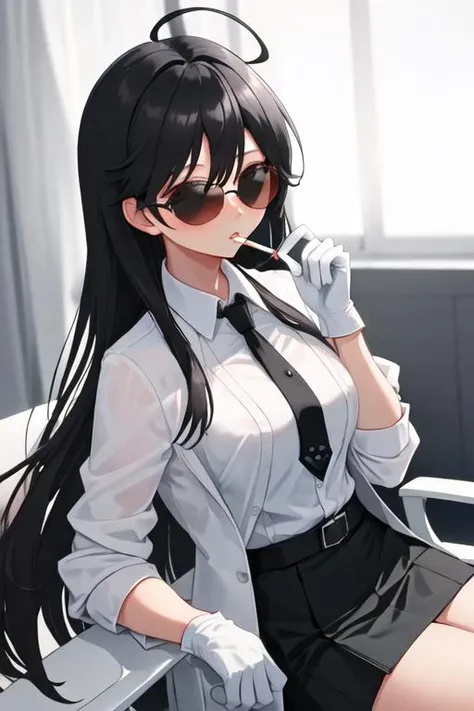 best quality, masterpiece, highres, solo, {black business suit:1.40}, {tie:1.20}, {sunglasses:1.25}, {white gloves:1.15}, {white shirt:1.10}, {black skirt:1.15}, {smoking:1.20}, handsome, {ushio_kantaicollection:1.15}, long_hair, black_hair, ahoge, brown_eyes, blush, breasts, serafuku, large_breasts