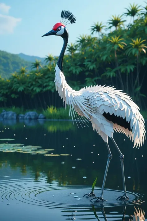 A glowing mechanical robotic robot red-crowned crane standing in the lake, special effects, cinematic scenes, cinematic shots, cinematic lighting, volumetric lighting, ultra-detailed, highly detailed, hyper-detailed, realistic, ultra-realistic, hyperrealistic, HD, IMAX, 8K resolutions, ultra resolutions, sharp focus, magnificent, best quality, masterpiece