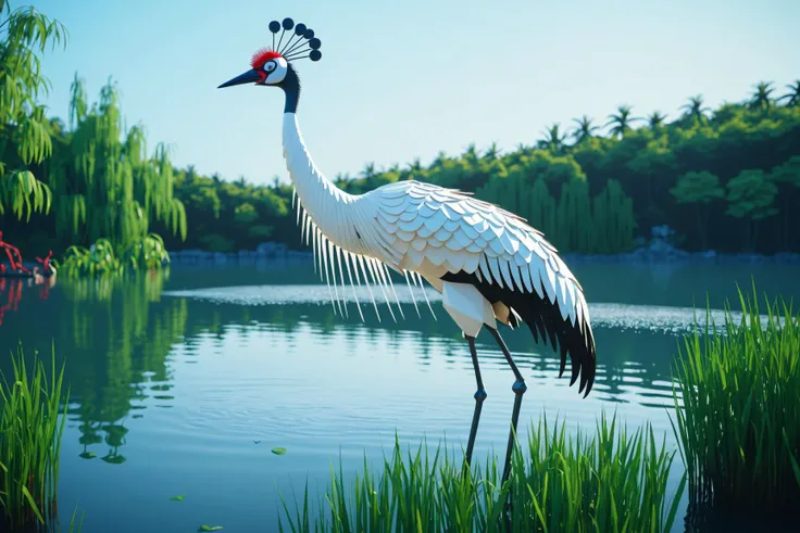 A glowing mechanical robotic robot red-crowned crane standing in the lake, special effects, cinematic scenes, cinematic shots, cinematic lighting, volumetric lighting, ultra-detailed, highly detailed, hyper-detailed, realistic, ultra-realistic, hyperrealistic, HD, IMAX, 8K resolutions, ultra resolutions, sharp focus, magnificent, best quality, masterpiece