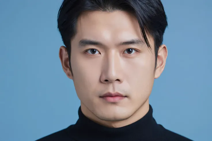 Asian Vietnamese man, close-up portrait, direct gaze, dark hair, black turtleneck, shadow on face, neutral expression, studio lighting, blue background, high-resolution image, minimalistic, young adult, clean-shaven, headshot, symmetrical composition, serious mood, professional photography, dark color palette
