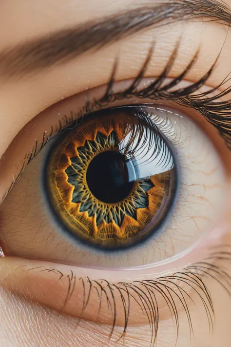 a close-up of a human eye, capturing its intricate details, The eye has a brown iris, surrounded by eyelashes that are slightly longer on the outer edge, The skin around the eye appears smooth, and there's a hint of moisture or shine on the eyelid