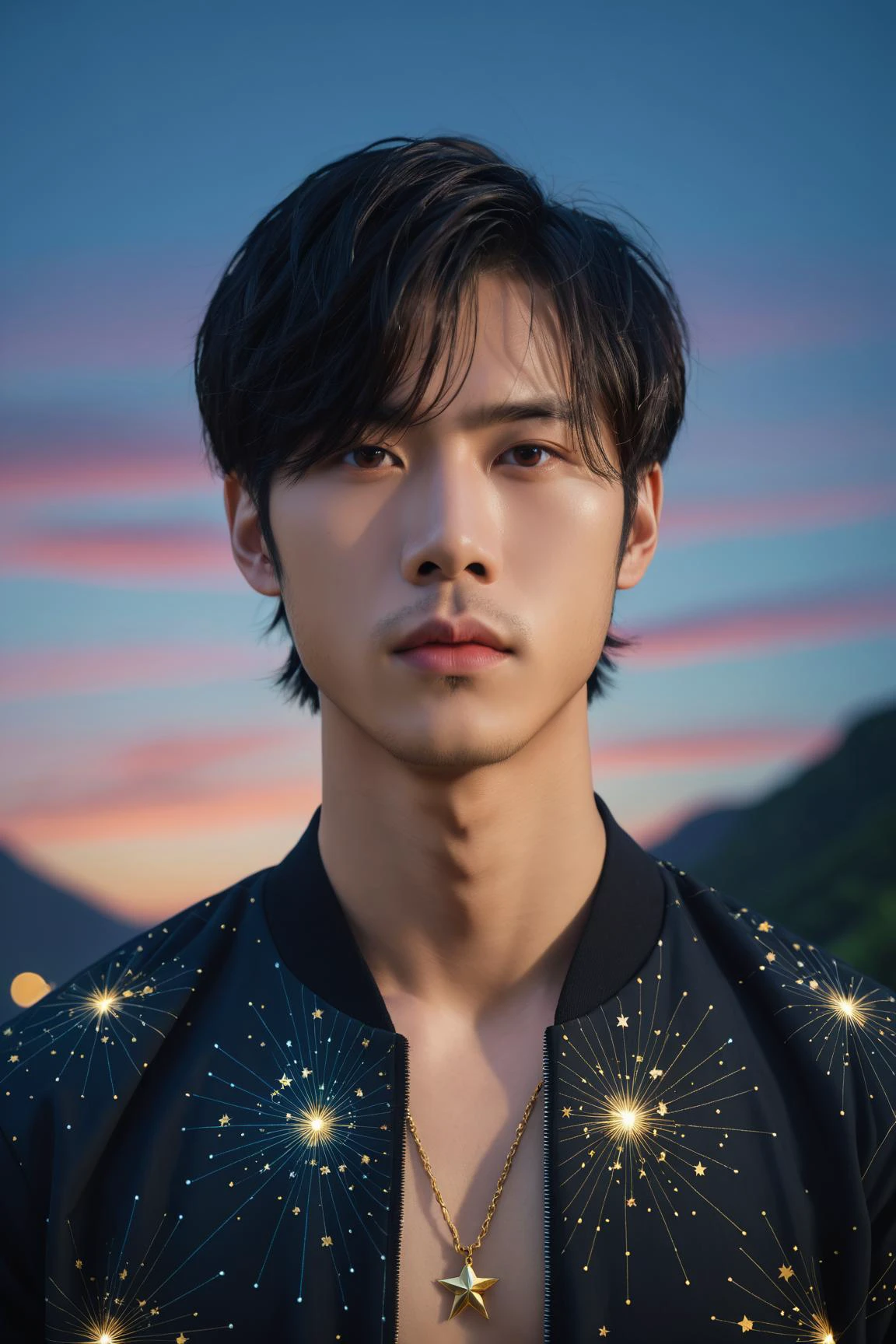 (photorealistic, masterpiece, 8K HD, good lighting quality, portrait, closing up on face, intricate details), a handsome young vietnamese man, 25 years old, sharp gaze, detailed face, detailed eyes, looking at the sky, wearing short-sleeved jacket over shirt, necklace, dark brown eyes, (tanned skin), slim build, black hair, smooth hair, hair bangs, short hair, outdoors, dawn, stars, constellation, cosmical, dreamy world, surrealism, ethereal