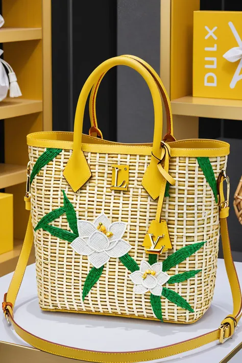 Beauty shopping mall view, yellow system, background pigment splash effect, main body is women's bag, woven with Chinese intangible cultural heritage bamboo weaving techniques, is a luxury LV design that presents the natural color of bamboo, The bag accessories are LV specific accessories, White Flower