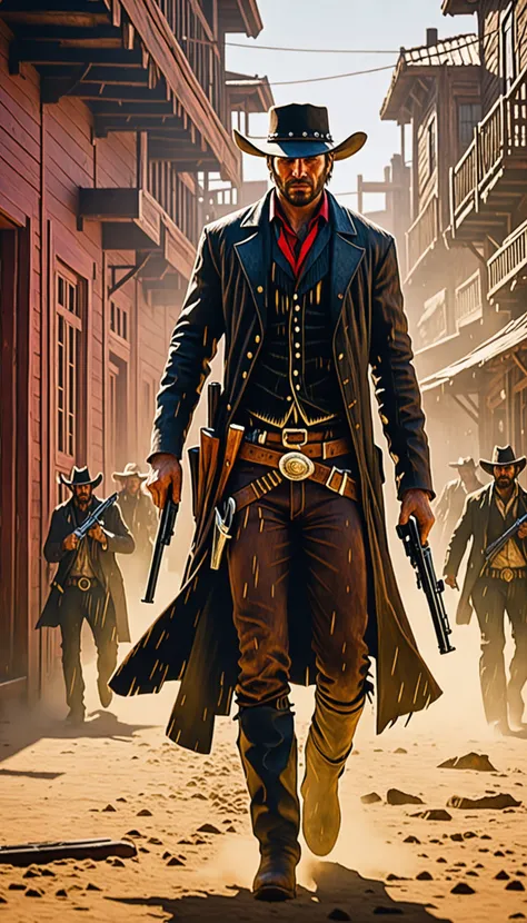 Intricate dynamic action shot of cowboy in a shootout, cinematic Steve Henderson Fabian Perez Henry Asencio Jeremy Mann Marc Simonetti Fantasy, red dead redemption 2 atmosphere, cinematic, photograph