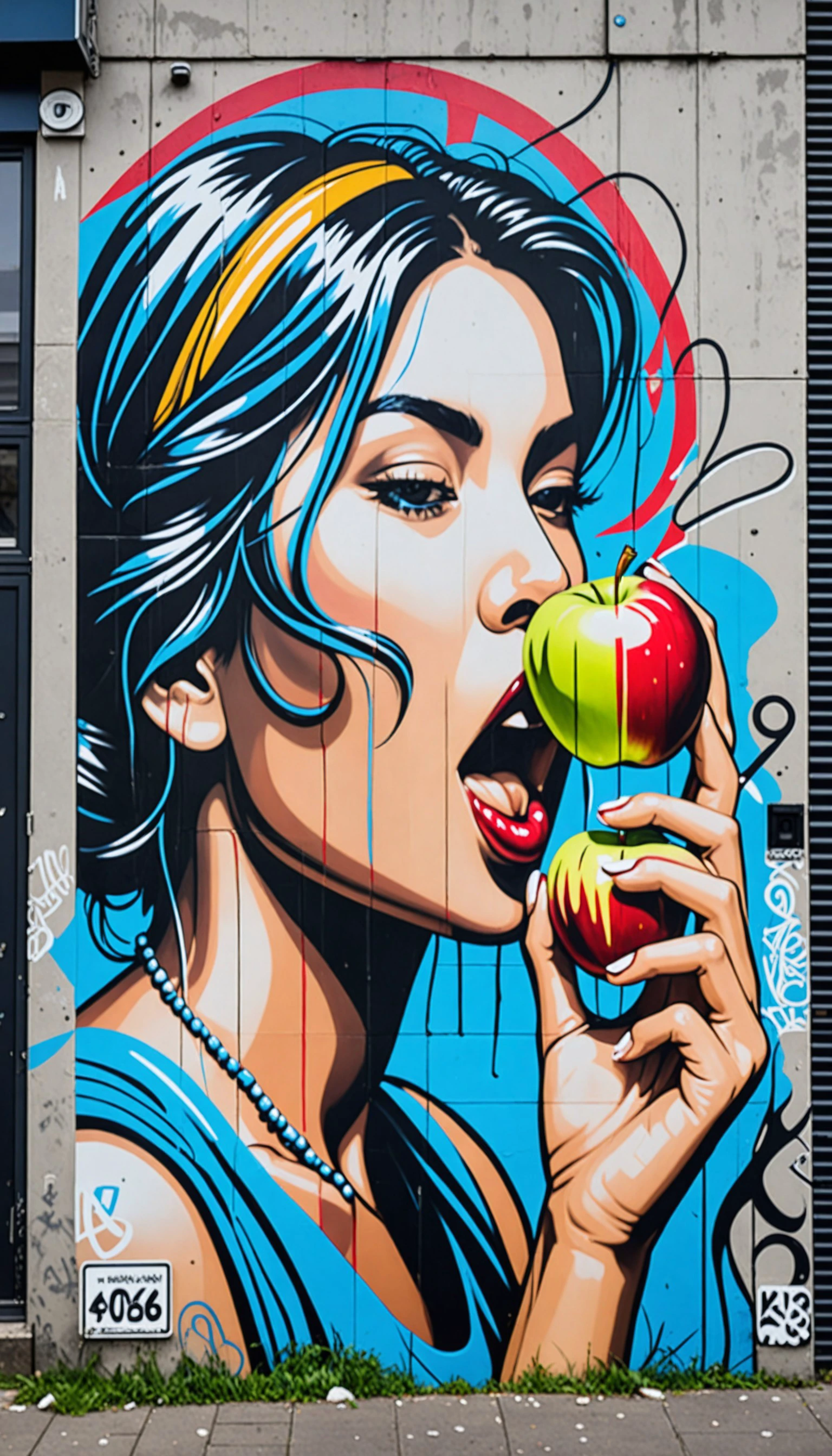 graffiti of a woman eating an apple in a wall, street art, vibrant, urban, detailed, tag, mural
