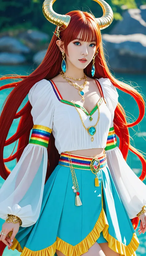 1girl, solo, back light, rainbow, aqua eyes, fake horns, red hair, long hair, crop top, jewelry, horns, veil, bracer, brooch, puffy long sleeves, skirt, bangs, low twintails, puffy sleeves, neck ring, gold trim, parted bangs, arm up, blue skirt, hair ornament, detached sleeves, floating hair, gem, hair flower, blue gemstone