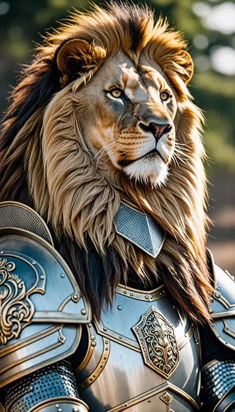 a lion in armor poses for a picture, cinematic close shot
