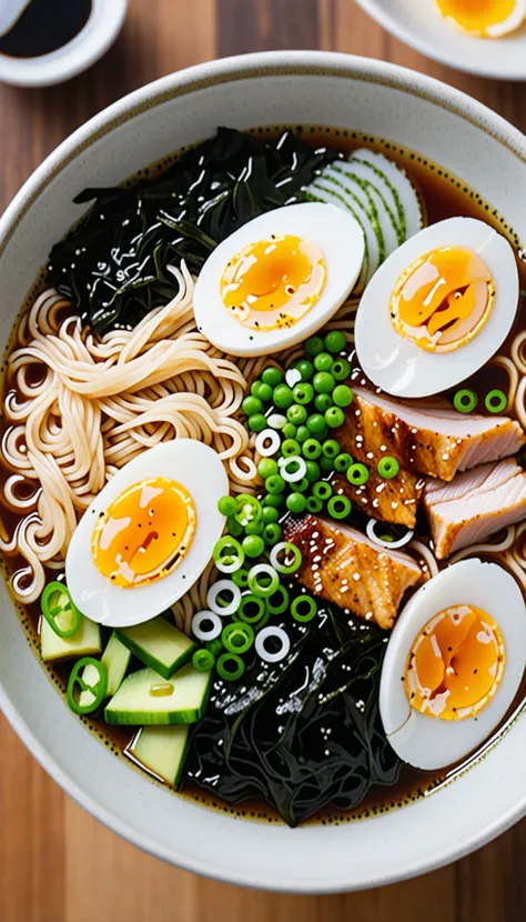 bowl of steaming hot ramen noodles, with a variety of toppings including sliced pork, boiled egg, green onions, and a sheet of nori (dried seaweed). The broth looks rich and flavorful, likely made from a combination of chicken, pork, and dashi.