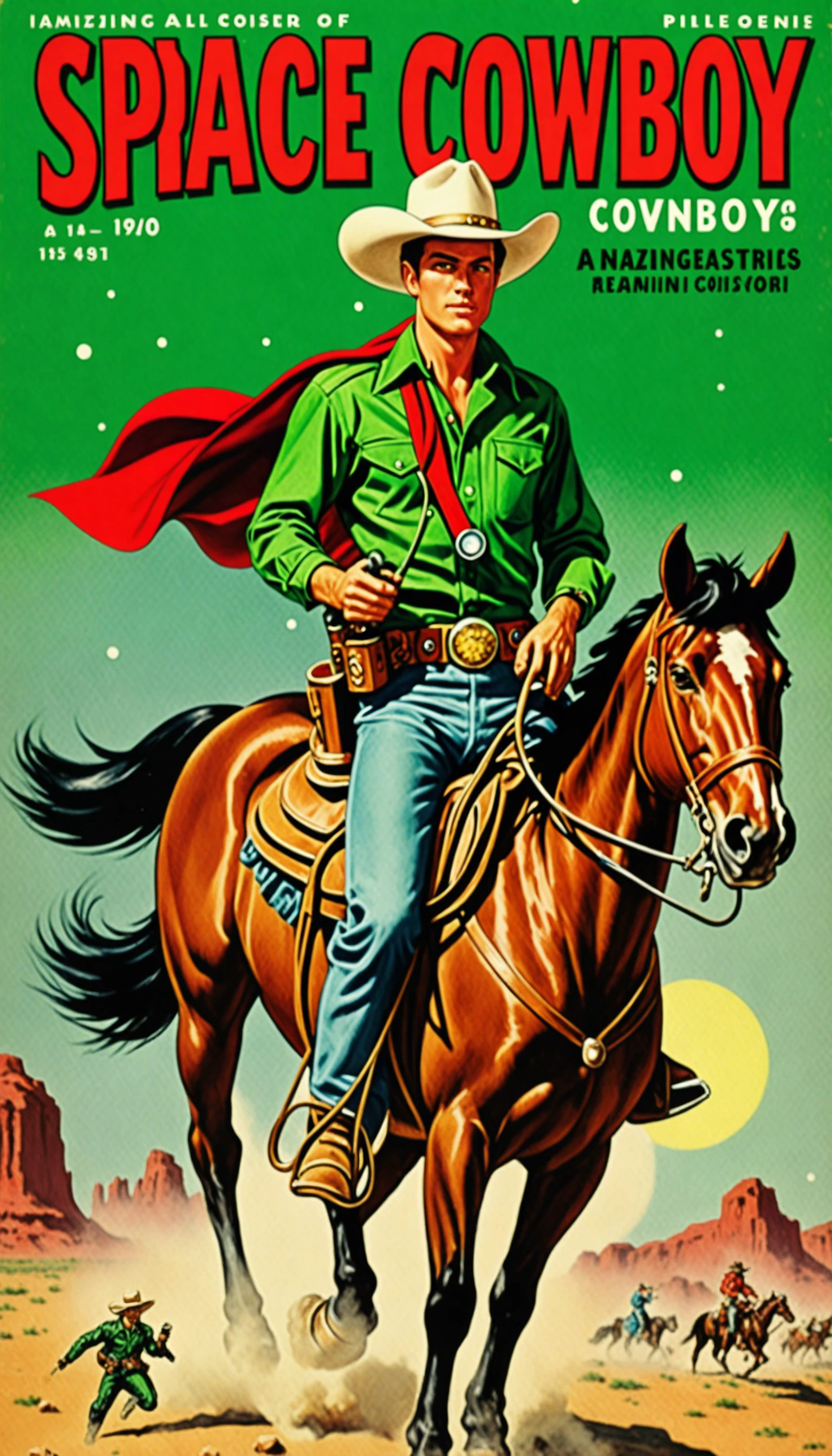 a cover for a comic book, a comic book cover about all space cowboy, 1 cowboy wearing a hat in the style of amazing stories, 1940s 1950s, red and green, comic art, realistic genre scenes, romanticized realism dynamic