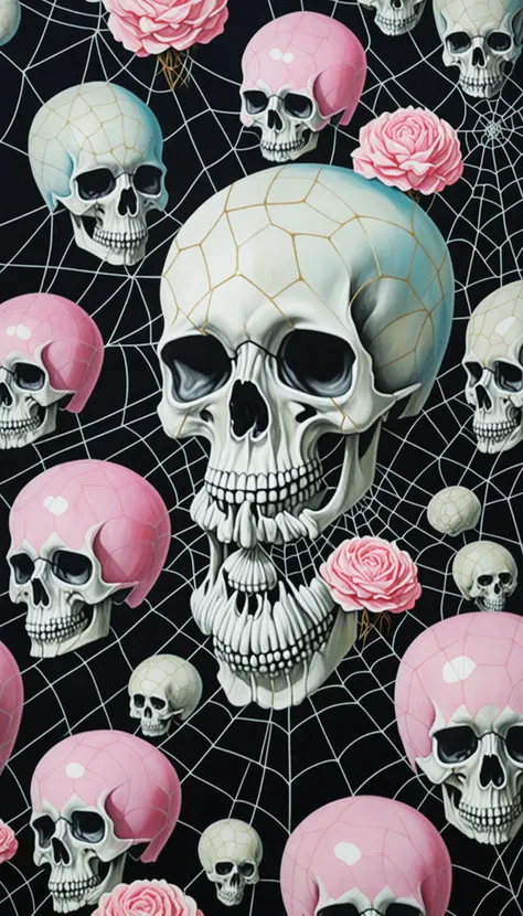 spiderwebs, skulls, wallpaper, there is ugliness in beauty, but there is also beauty in ugliness. desolate, abstract, surrealistic, cotton candy, swamp, funeral, futuristic,in the style of adrian ghenie, esao andrews, jenny saville, edward hopper, surrealism, dark art by james jean, takato yamamoto, inkpunk minimalism