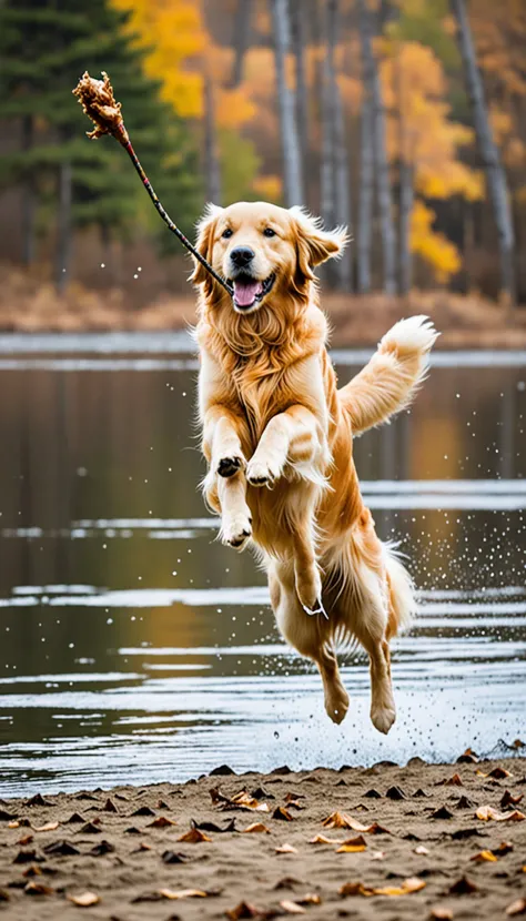 Golden retriever jumping to catch a stick