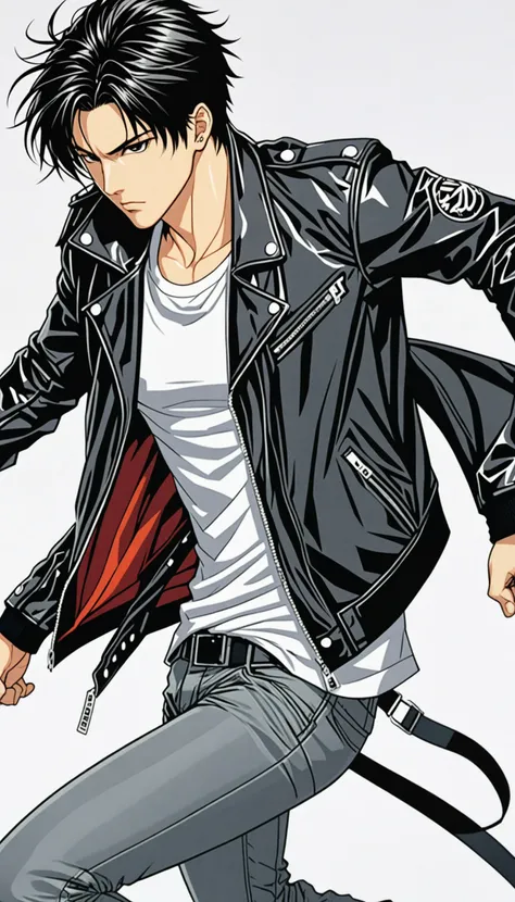 1boy, black hair, white background, short cut hair, leather jacket, tshirt, upper body, detailed shape, detailed line, art of fighting attitude, color manga style