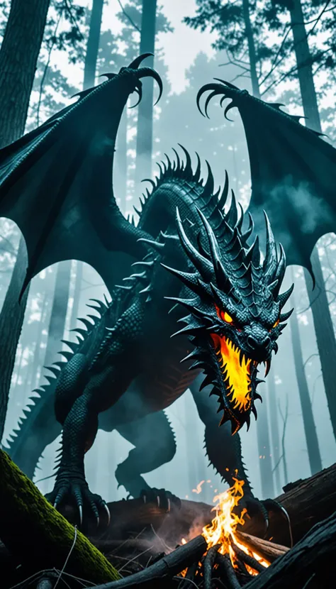 a giant monster hybrid of dragon and spider, in dark dense foggy forest, fire, no humans, open mouth, wings, dragon, sharp teeth, teeth, tail, solo, breathing fire, horns, monster, claws, smoke