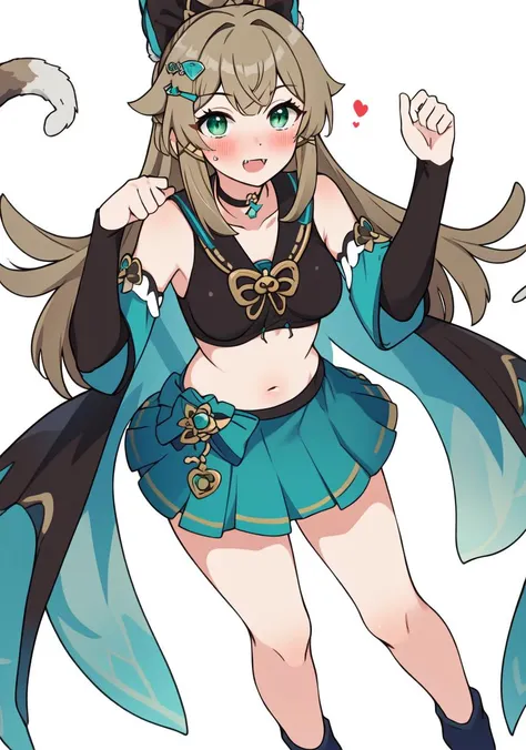 ((masterpiece)), (best quality:1.7), (detailed:1.4), (high res:1.4), 8k, (colorful:1.5), 2d, high resolution, sharped image, 4k, hd, kirara_genshin, 1girl, (((solo))), (((light brown hair))), green eyes, long hair, full body, medium breasts, hair bow, cat ears, cat tail, bare stomach, black crop top, collarbone, long legs, bare legs, white background, bridal gauntlets, blush, hair ornament, black choker, hair clip, cowboy shot, simple background, bare shoulders, fang, looking at viewer, detached sleeves, aqua semi-jacket, aqua bottom ornaments, ((aqua skirt)), heart, chest ornament, chest bow, <lora:kirara_genshin:0.5>, <lora:thickerLinesanimeStyle:0.6>