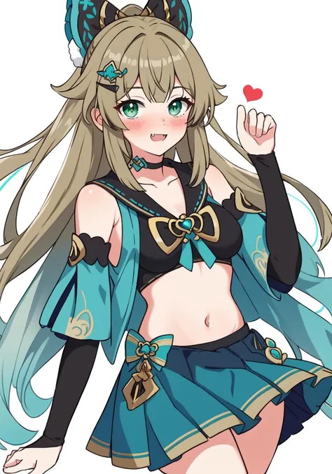 ((masterpiece)), (best quality:1.7), (detailed:1.4), (high res:1.4), 8k, (colorful:1.5), 2d, high resolution, sharped image, 4k, hd, kirara_genshin, 1girl, (((solo))), (((light brown hair))), green eyes, long hair, full body, medium breasts, hair bow, cat ears, cat tail, bare stomach, black crop top, collarbone, long legs, bare legs, white background, bridal gauntlets, blush, hair ornament, black choker, hair clip, cowboy shot, simple background, bare shoulders, fang, looking at viewer, detached sleeves, aqua semi-jacket, aqua bottom ornaments, ((aqua skirt)), heart, chest ornament, chest bow, <lora:kirara_genshin:0.5>, <lora:thickerLinesanimeStyle:0.6>