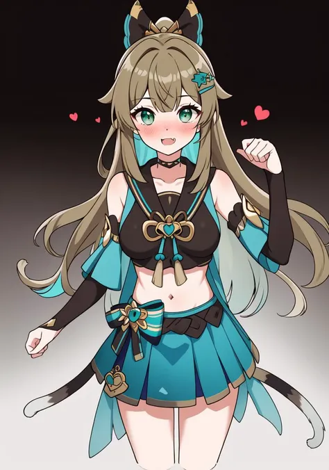((masterpiece)), (best quality:1.7), (detailed:1.4), (high res:1.4), 8k, (colorful:1.5), 2d, high resolution, sharped image, 4k, hd, kirara_genshin, 1girl, (((solo))), (((light brown hair))), green eyes, long hair, full body, medium breasts, hair bow, cat ears, cat tail, bare stomach, black crop top, collarbone, long legs, bare legs, white background, bridal gauntlets, blush, hair ornament, black choker, hair clip, cowboy shot, simple background, bare shoulders, fang, looking at viewer, detached sleeves, aqua semi-jacket, aqua bottom ornaments, ((aqua skirt)), heart, chest ornament, chest bow, <lora:kirara_genshin:0.5>, <lora:thickerLinesanimeStyle:0.6>
