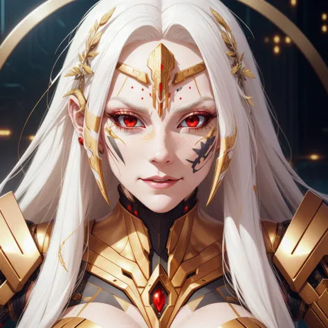 a woman with long white hair and red eyes, gold alien armor, freckles, blush, gold jewelry, eyeshadow, mechanical augmentation, tattoos, cybernetic implants, laurel wreath, cute face
