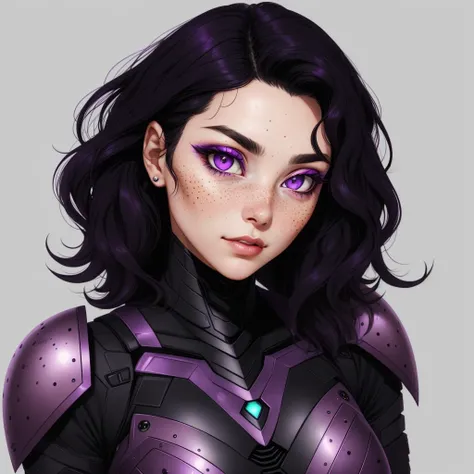 a woman with wavy black hair and purple eyes, black alien armor, freckles, blush, eyeshadow, cute face