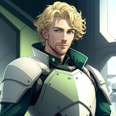 a man with curly blonde hair and green eyes, white scifi plate armor, suit and peacoat