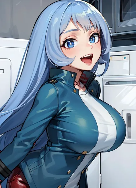 ((best quality)), ((highly detailed)), masterpiece, extremely detailed face, beautiful face, , (1girl), (solo), close-up, cowboy shot, <lora:hadou_nejire-popai:.8>, light blue hair, very long hair, bangs, blue eyes, large breasts, smiling, open mouth, bbnejire, peacoat, (indoors, in a laundryroom)