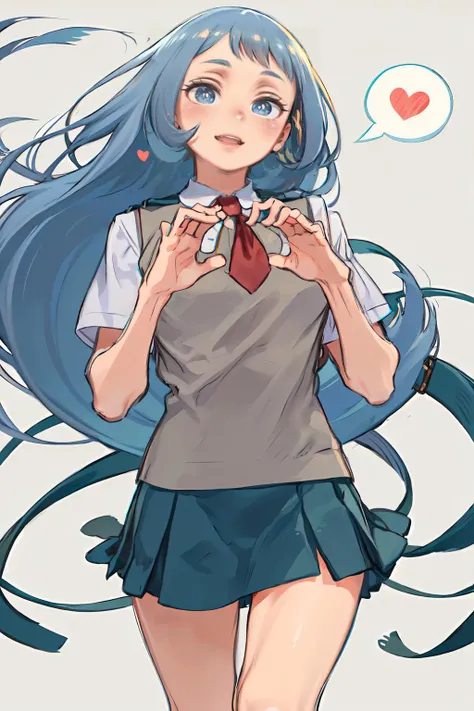 <lora:kuroboshi_kouhaku_style_v01:1> <lora:hadou_nejire:0.9> bbnejire, blue eyes, blue hair, long hair, large breasts, u.a. school uniform, gray vest, red necktie, collared shirt, white shirt, short sleeves, green skirt, blue skirt, (black socks:1.2), loafers, big smile, blush, heart hands, speech bubble, spoken heart, blue sky, horizon, cloud,, ultra detailed, masterpiece, best quality, aesthetic, detailed,