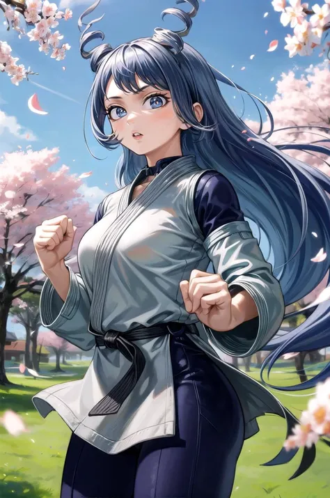 (masterpiece, best quality, detailed), 1girl, solo, looking at viewer, aanejire, hair horns, drill hair, long hair, large breasts,
<lora:Dougi2:1>, dougi, cherry blossoms, petals, outdoors, tree, sky, wind, fighting stance, (clenched hands), legs apart, serious, parted lips