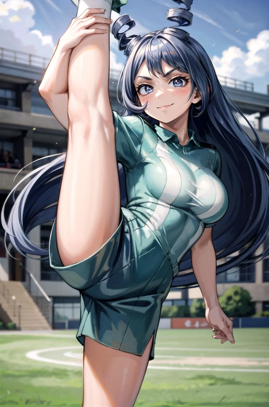 (masterpiece, best quality, detailed), 1girl, solo, looking at viewer, aanejire, hair horns, drill hair, long hair, large breasts,
<lora:Soccer Uniform By Stable Yogi:0.5>, soccer uniform, <lora:school_yard_v0.1:1>, school yard, field, <lora:standing_split:0.9> standing split, standing on one leg, smug, smile, closed mouth, v-shaped eyebrows, blush