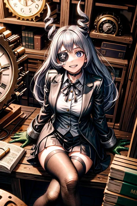 (masterpiece, best quality, detailed), 1girl, solo, looking at viewer, aanejire, hair horns, drill hair, long hair, large breasts,
tailcoat, fishnet top, single thighhigh, single sleeve, medical eyepatch, purple ribbon, choker, single glove, glowing eye, bandaged arm, <lora:gearEntangle:0.5>, gear, machine, indoors, clock, chair, table, book stack, sitting, crossed legs, grin