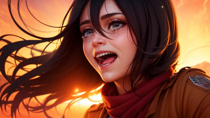 masterpiece, highres, (photorealistic:1.4), best quality, 8k, best quality, ultra-detailed, perfect lighting, cinematic lighting, mikasa ackerman, shingeki no kyojin, 1girl, blink, :d, belt, black hair, blurry, perfect skin, skin detail, blurry background, blush, cropped jacket, crying, crying with eyes open, emblem, hair between eyes, happy, smile, (happy tears:1.2), jacket, half closed eyes, open mouth, lens flare, looking at viewer, outdoors, paradis military uniform, long hair, red scarf, scarf, smile, solo, sun glare, sunset, tears, upper body, wind, portrait, upper body, focus on face, sunset, flying hair,  glowing hair, <lora:CHAR-Mikasa:1>