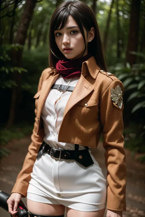 ultra realistic 8k cg, masterpiece, ((ultra detailed background, delicate pattern, intricate detail)), (highly detailed, fine details), best quality, 1girl, (photorealistic:1.4),beautiful lighting, absurdres, outdoors, mikasa ackerman, shingeki no kyojin, 1girl, bangs, belt, belt buckle, black eyes, black hair, brown belt, brown jacket, buckle, dress shirt, hair between eyes, jacket, long sleeves, medium hair, open clothes, open jacket, paradis military uniform, red scarf, scarf, shirt, solo, standing, straight hair, suspenders, white shirt, wing collar, RAW photo, film grain, showing ass, <lora:mikasaAckermanLora_offset:1>