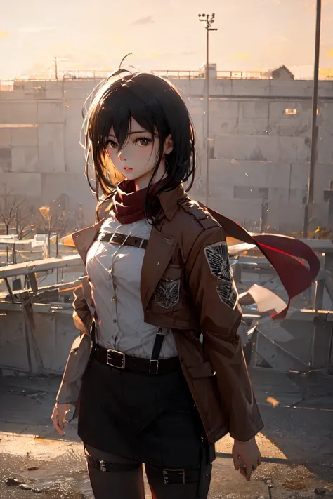 very detailed background, masterpiece, (photorealistic:1.4), best quality, beautiful lighting, outdoors, mikasa ackerman, shingeki no kyojin, 1girl, bangs, belt, belt buckle, black eyes, black hair, brown belt, brown jacket, buckle, dress shirt, hair between eyes, jacket, long sleeves, medium hair, open clothes, open jacket, paradis military uniform, red scarf, scarf, shirt, solo, standing, straight hair, suspenders, white shirt, wing collar , intricate details, <lora:mikasaAckermanLora_offset:1>