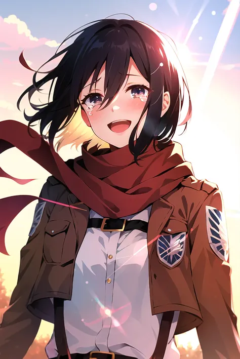 mikasa ackerman, shingeki no kyojin, 1girl, :d, belt, black hair, blurry, blurry background, blush, cropped jacket, crying, crying with eyes open, emblem, hair between eyes, happy tears, jacket, lens flare, looking at viewer, open mouth, outdoors, paradis military uniform, red scarf, scarf, short hair, smile, solo, standing, sun glare, sunset, tears, upper body, wind, ((masterpiece)) <lora:mikasa_ackerman_offset:1>